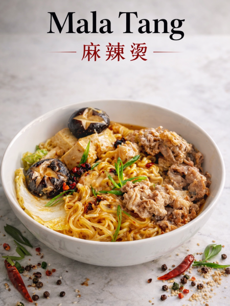 A steaming bowl of creamy homemade malatang with noodles, beef, mushrooms, and tofu in rich red broth