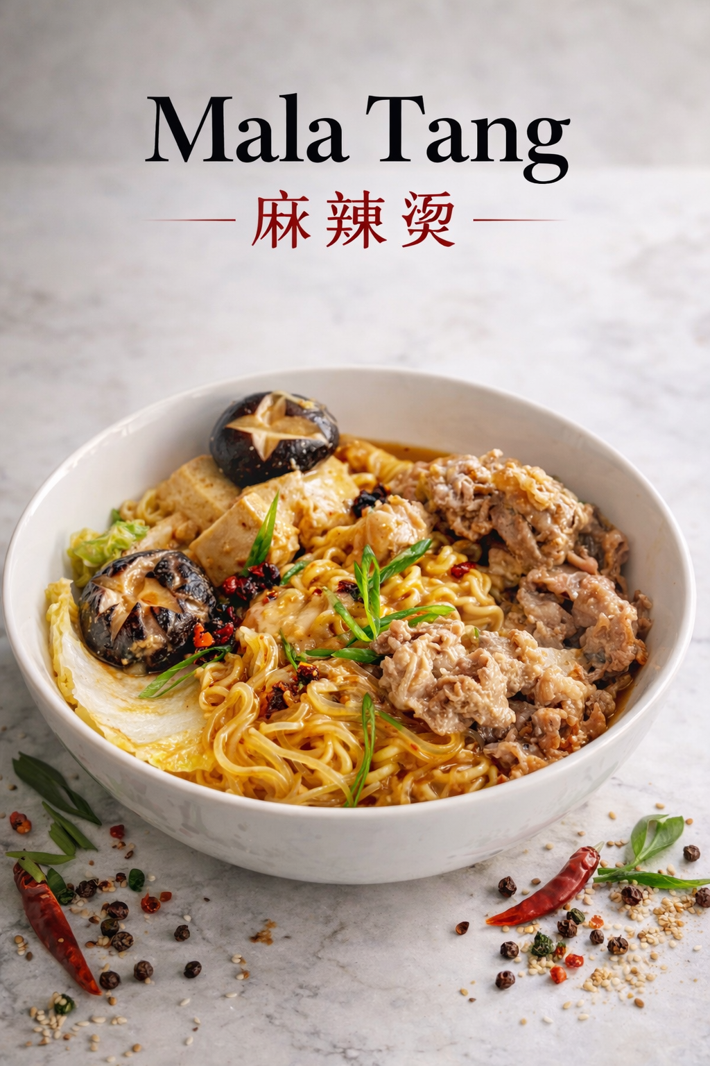 A steaming bowl of creamy homemade malatang with noodles, beef, mushrooms, and tofu in rich red broth