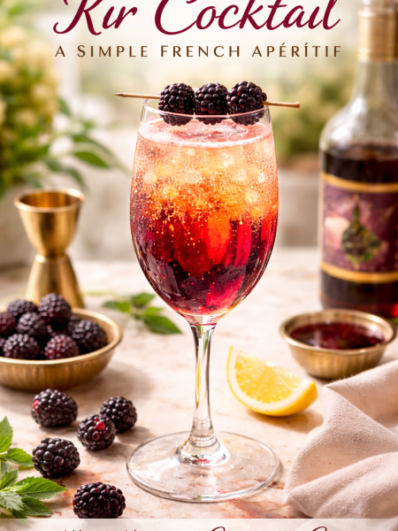 Kir Cocktail made with dry white wine and crème de cassis in a wine glass, garnished with blackberries, styled as a French apéritif on a marble surface.