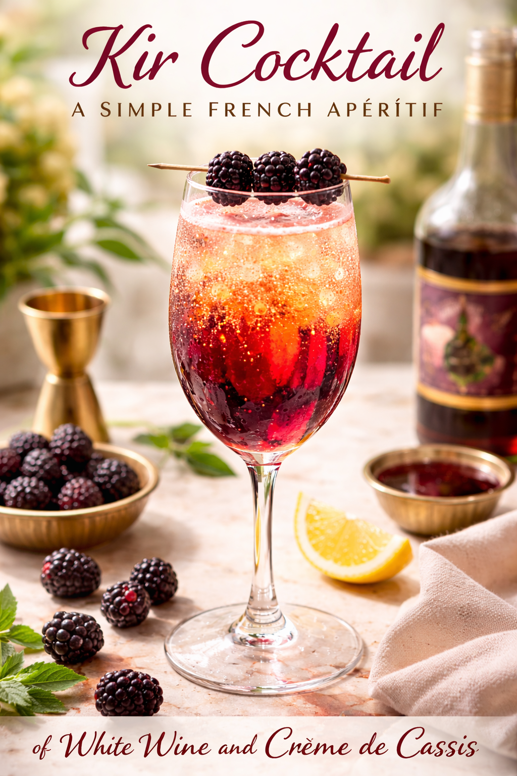 Kir Cocktail made with dry white wine and crème de cassis in a wine glass, garnished with blackberries, styled as a French apéritif on a marble surface.