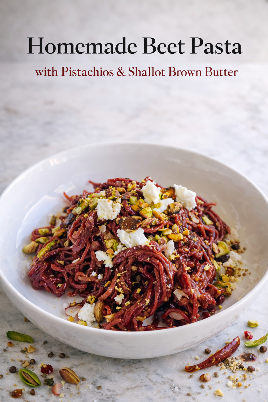A bowl of vibrant homemade beet pasta with pistachios, tossed in brown butter sauce and topped with crumbled goat cheese
