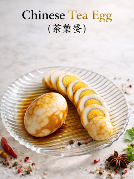 Chinese tea eggs with beautiful marbled pattern on peeled eggs, served in a ceramic bowl with star anise and cinnamon sticks