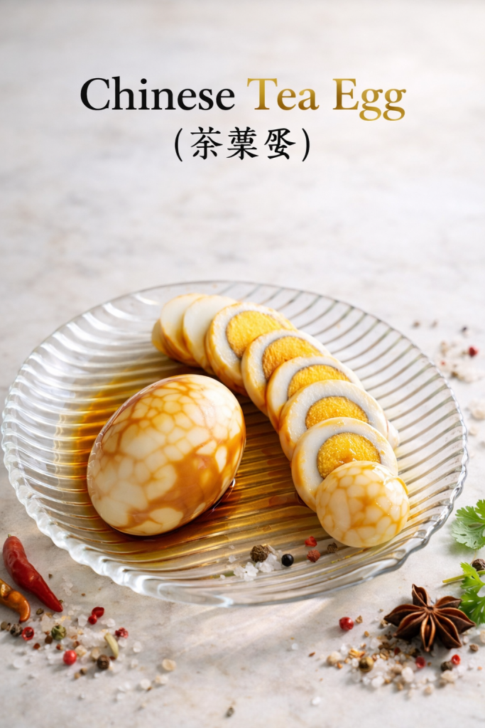 Chinese tea eggs with beautiful marbled pattern on peeled eggs, served in a ceramic bowl with star anise and cinnamon sticks