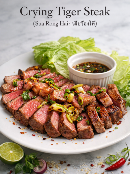 Crying Tiger recipe with sliced grilled beef on a platter, served with a small bowl of Nam Jim Jaew dipping sauce and sticky rice on the side.