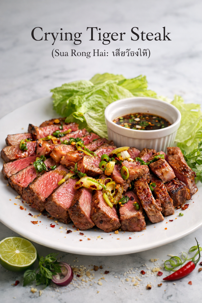 Crying Tiger recipe with sliced grilled beef on a platter, served with a small bowl of Nam Jim Jaew dipping sauce and sticky rice on the side.