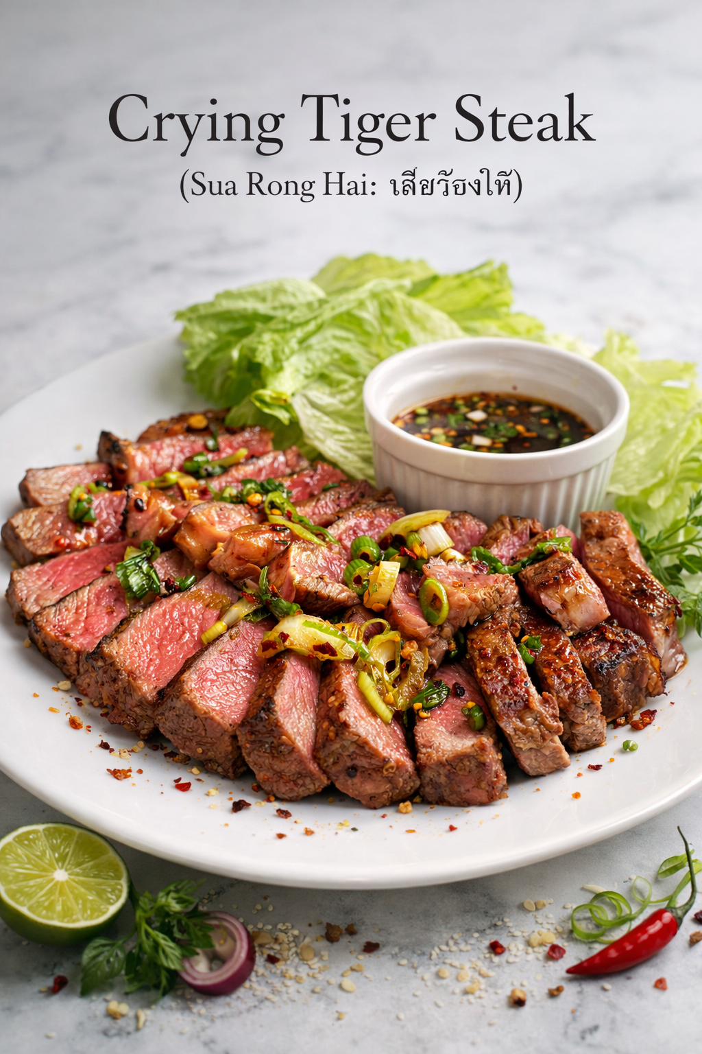 Crying Tiger recipe with sliced grilled beef on a platter, served with a small bowl of Nam Jim Jaew dipping sauce and sticky rice on the side.