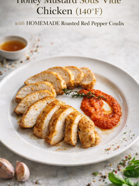 Sliced honey mustard sous vide chicken breast served over a pool of vibrant roasted red pepper coulis on a white plate