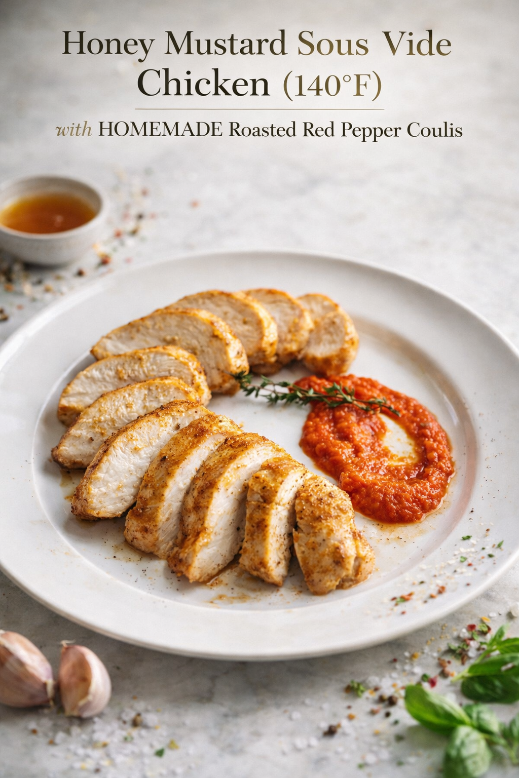 Sliced honey mustard sous vide chicken breast served over a pool of vibrant roasted red pepper coulis on a white plate