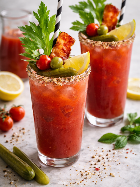 A tall glass of classic Bloody Mary with celery stalk garnish, lemon wedge, and ice cubes against a rustic wooden background
