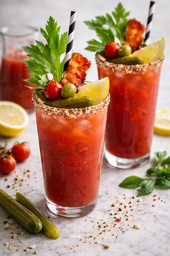 A tall glass of classic Bloody Mary with celery stalk garnish, lemon wedge, and ice cubes against a rustic wooden background