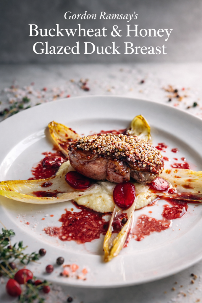 Perfectly cooked Gordon Ramsay-style duck breast with crispy scored skin and toasted buckwheat crust, sliced and fanned over silky parsnip purée, with sweet-and-sour endive, pickled daikon and cherries, and a glossy port wine glaze.