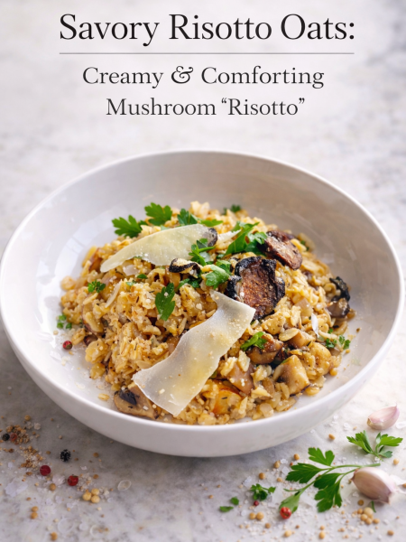 A creamy bowl of savory mushroom oat risotto topped with sautéed mushrooms and fresh chives