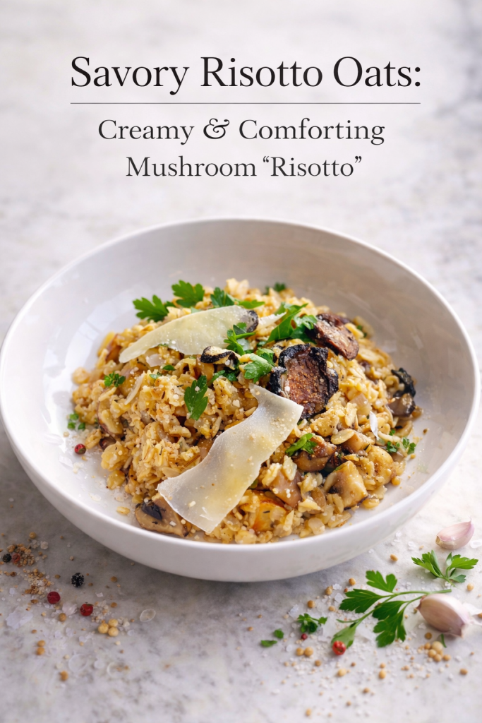 A creamy bowl of savory mushroom oat risotto topped with sautéed mushrooms and fresh chives