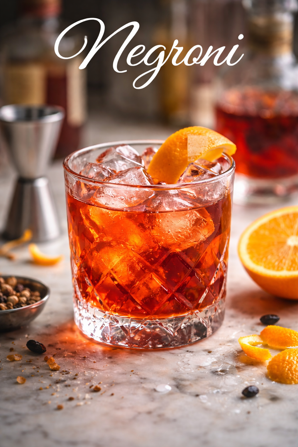 A classic Negroni cocktail served in a rocks glass with a large ice cube and fresh orange twist garnish