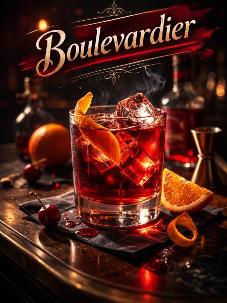 A classic boulevardier cocktail served in a rocks glass with a large ice cube and orange twist garnish
