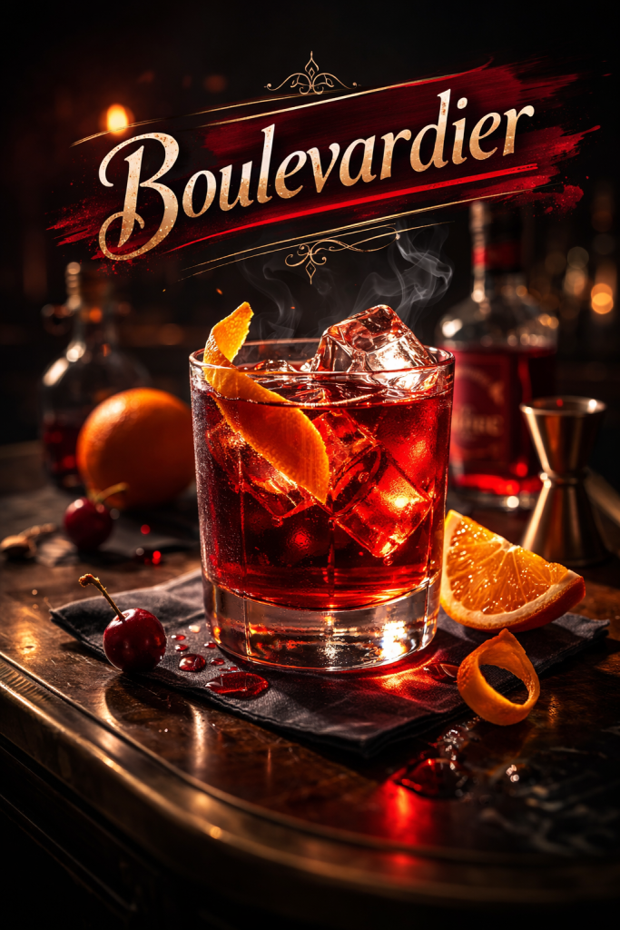 A classic boulevardier cocktail served in a rocks glass with a large ice cube and orange twist garnish