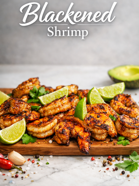 Blackened shrimp in cast iron skillet with fresh cilantro and lime wedges, showing dark caramelized spice crust