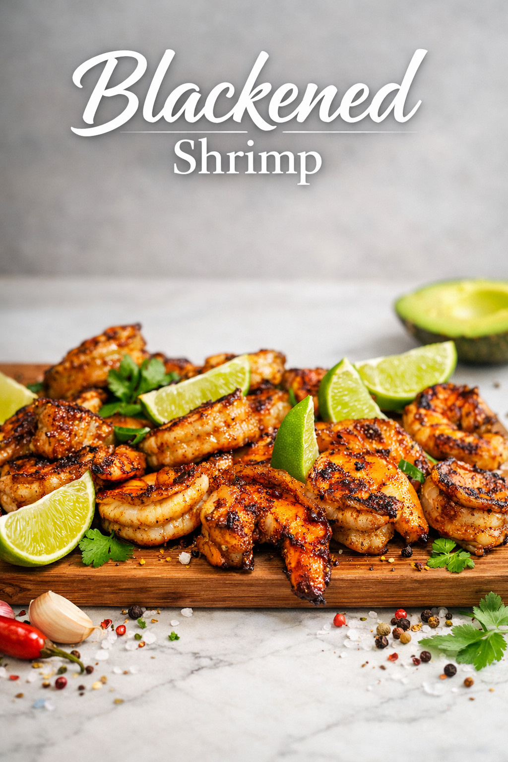 Blackened shrimp in cast iron skillet with fresh cilantro and lime wedges, showing dark caramelized spice crust
