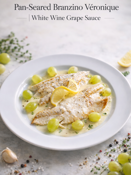 Pan-seared branzino Veronique with crispy golden skin resting in white wine grape sauce, garnished with fresh tarragon