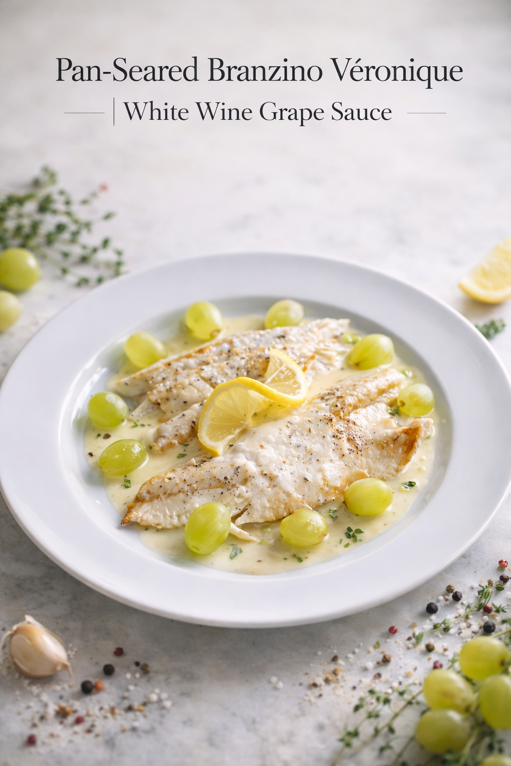 Pan-seared branzino Veronique with crispy golden skin resting in white wine grape sauce, garnished with fresh tarragon