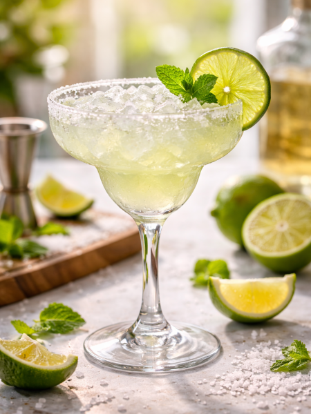 Classic Margarita cocktail in a salt-rimmed glass with a lime wheel garnish.
