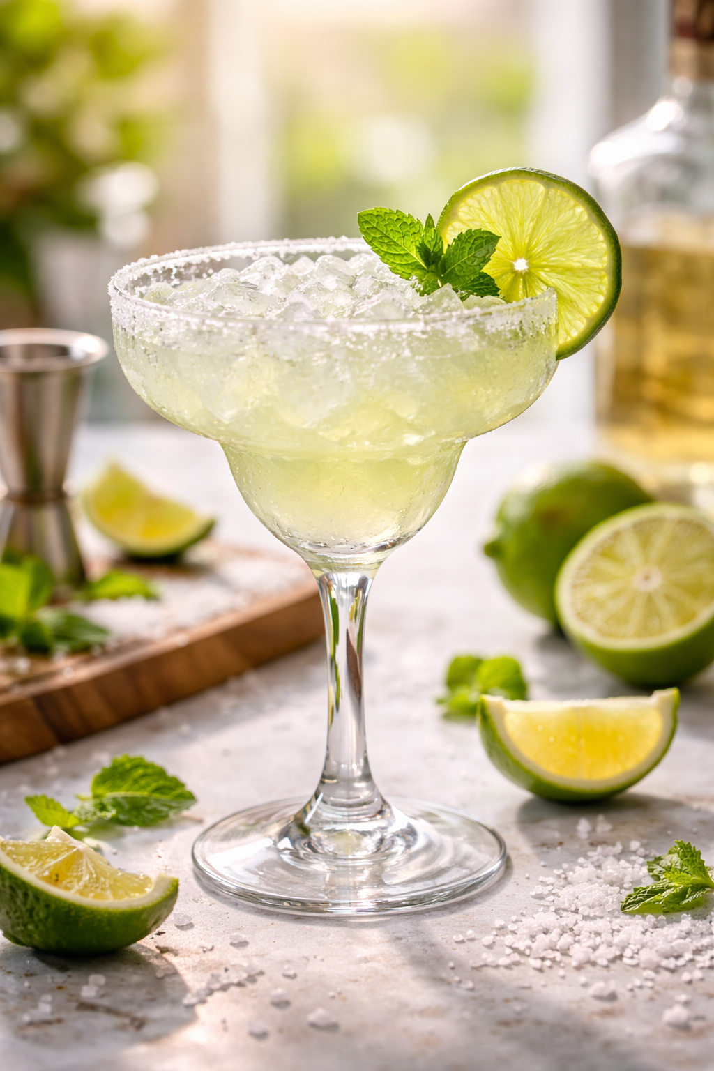 Classic Margarita cocktail in a salt-rimmed glass with a lime wheel garnish.