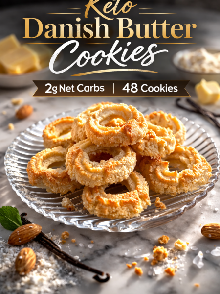A row of golden-brown keto Danish butter cookies arranged around an iconic blue tin on a rustic wooden table, with a cup of coffee nearby.