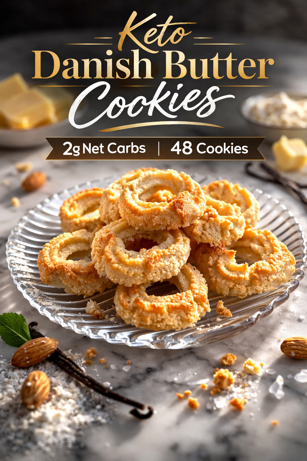 A row of golden-brown keto Danish butter cookies arranged around an iconic blue tin on a rustic wooden table, with a cup of coffee nearby.