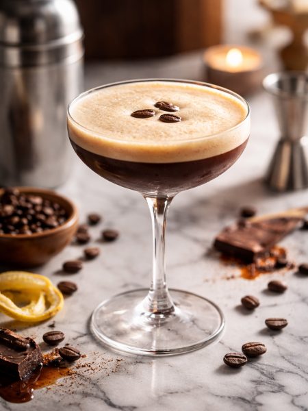 A perfectly crafted espresso martini in a frosty chilled glass, featuring a thick layer of creamy foam topped with three coffee beans.