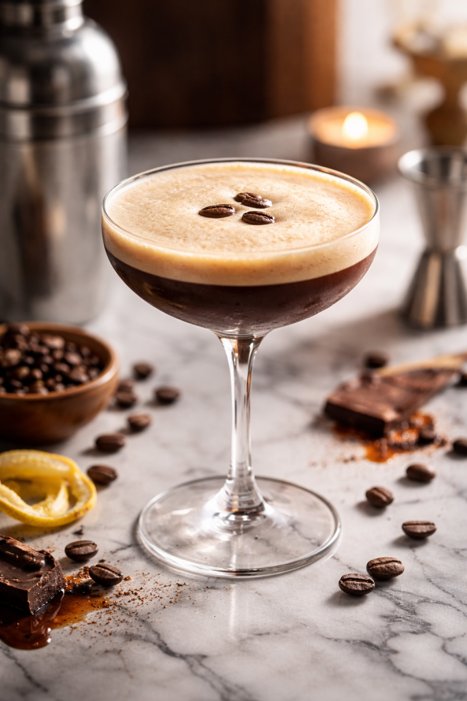 A perfectly crafted espresso martini in a frosty chilled glass, featuring a thick layer of creamy foam topped with three coffee beans.