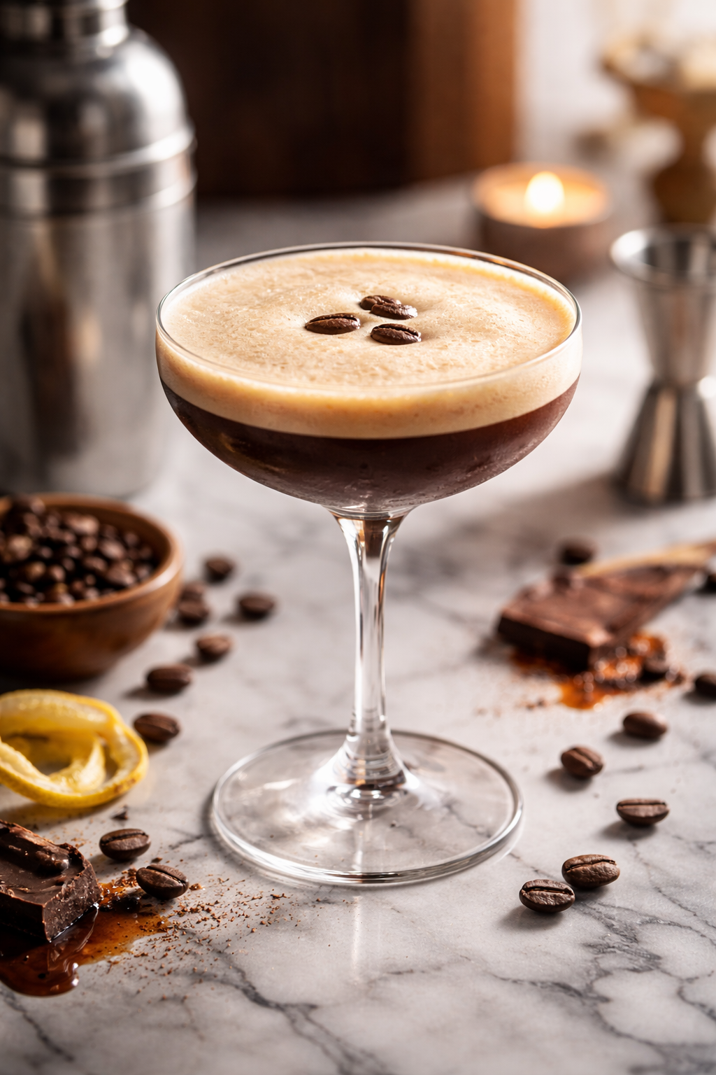 A perfectly crafted espresso martini in a frosty chilled glass, featuring a thick layer of creamy foam topped with three coffee beans.