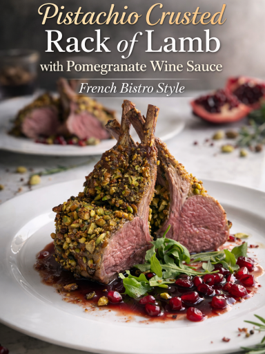A elegant French bistro style pistachio crusted rack of lamb sliced into perfect pink chops, drizzled with a rich red pomegranate wine sauce on a white plate.