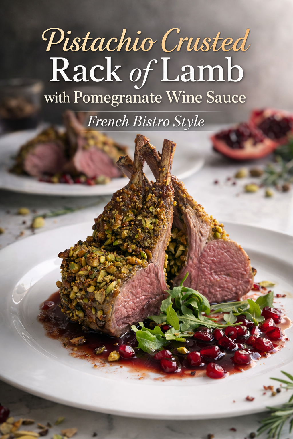 A elegant French bistro style pistachio crusted rack of lamb sliced into perfect pink chops, drizzled with a rich red pomegranate wine sauce on a white plate.
