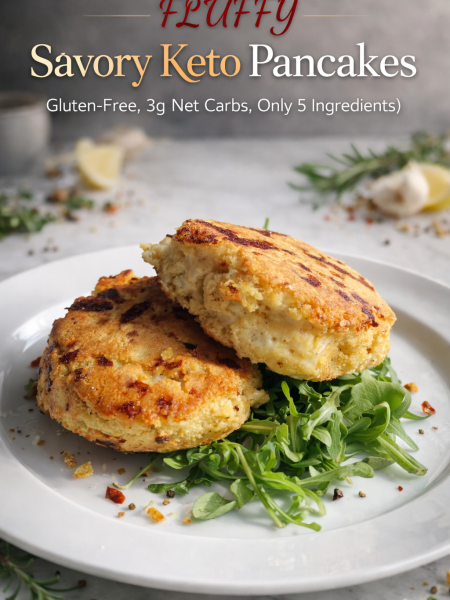 A golden-brown stack of fluffy savory keto pancakes topped with sliced avocado, crispy bacon, and fresh chives on a ceramic plate.