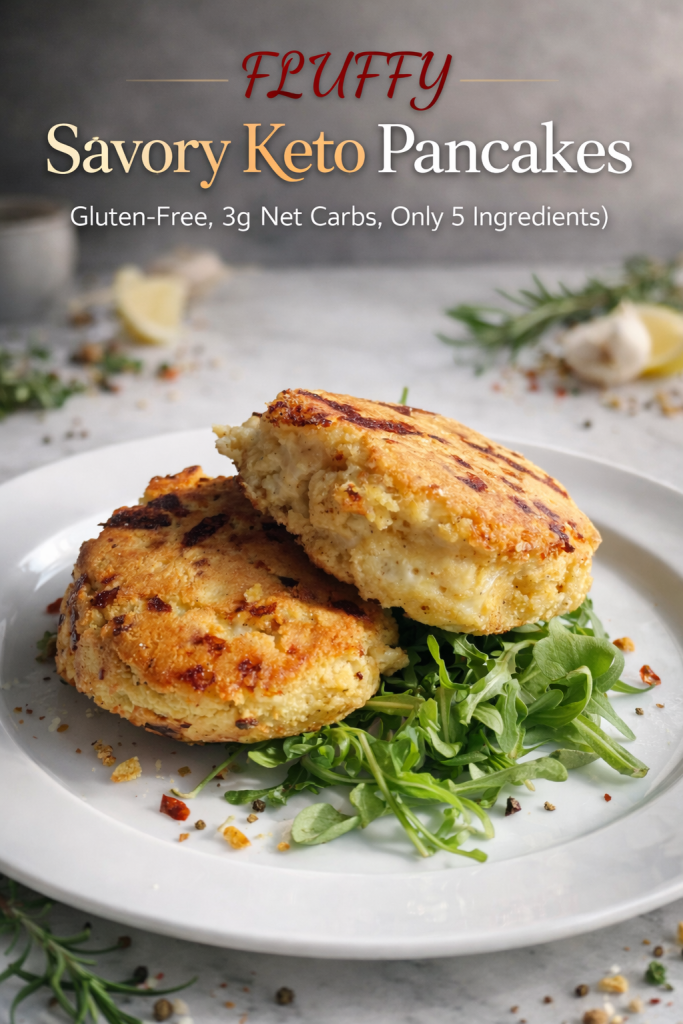 A golden-brown stack of fluffy savory keto pancakes topped with sliced avocado, crispy bacon, and fresh chives on a ceramic plate.