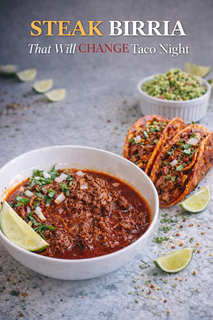 A stack of crispy quesabirria tacos with a bowl of rich, deep-red consommé for dipping, garnished with fresh cilantro and lime wedges.