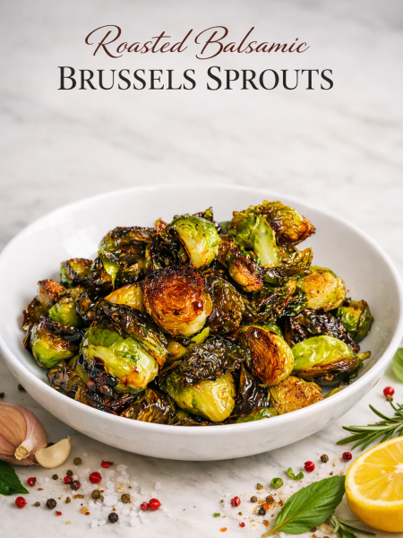 Roasted balsamic Brussels sprouts caramelized and glazed in a white serving bowl.