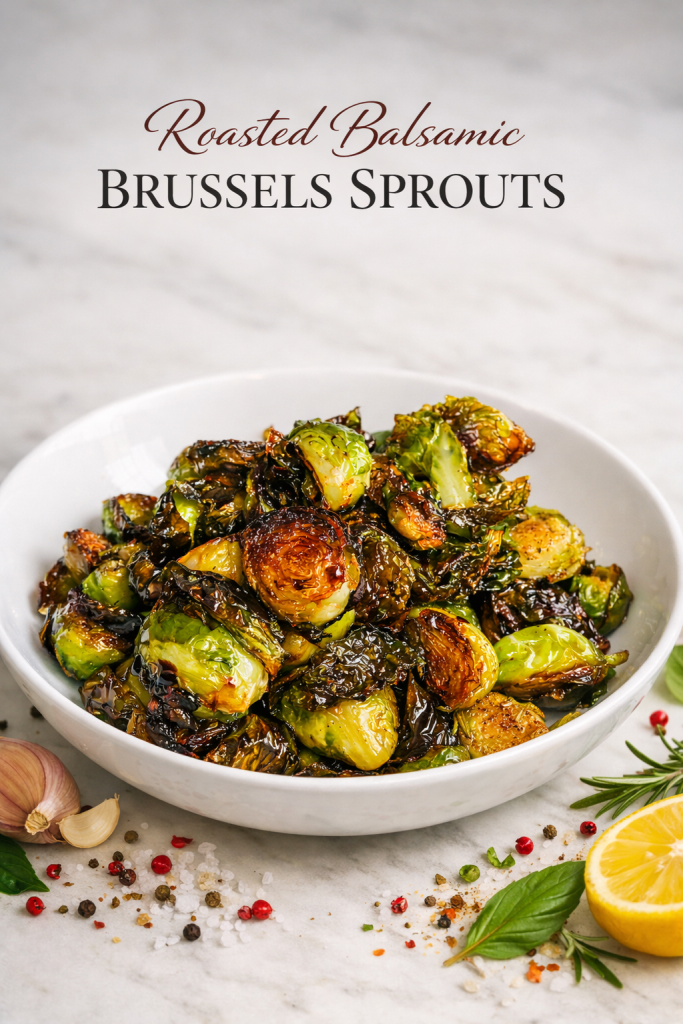 Roasted balsamic Brussels sprouts caramelized and glazed in a white serving bowl.