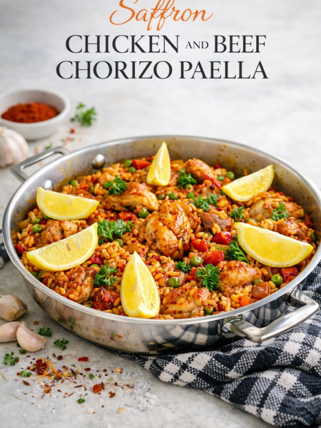 Chicken and chorizo paella with saffron rice in a black skillet, garnished with fresh parsley and lemon wedges