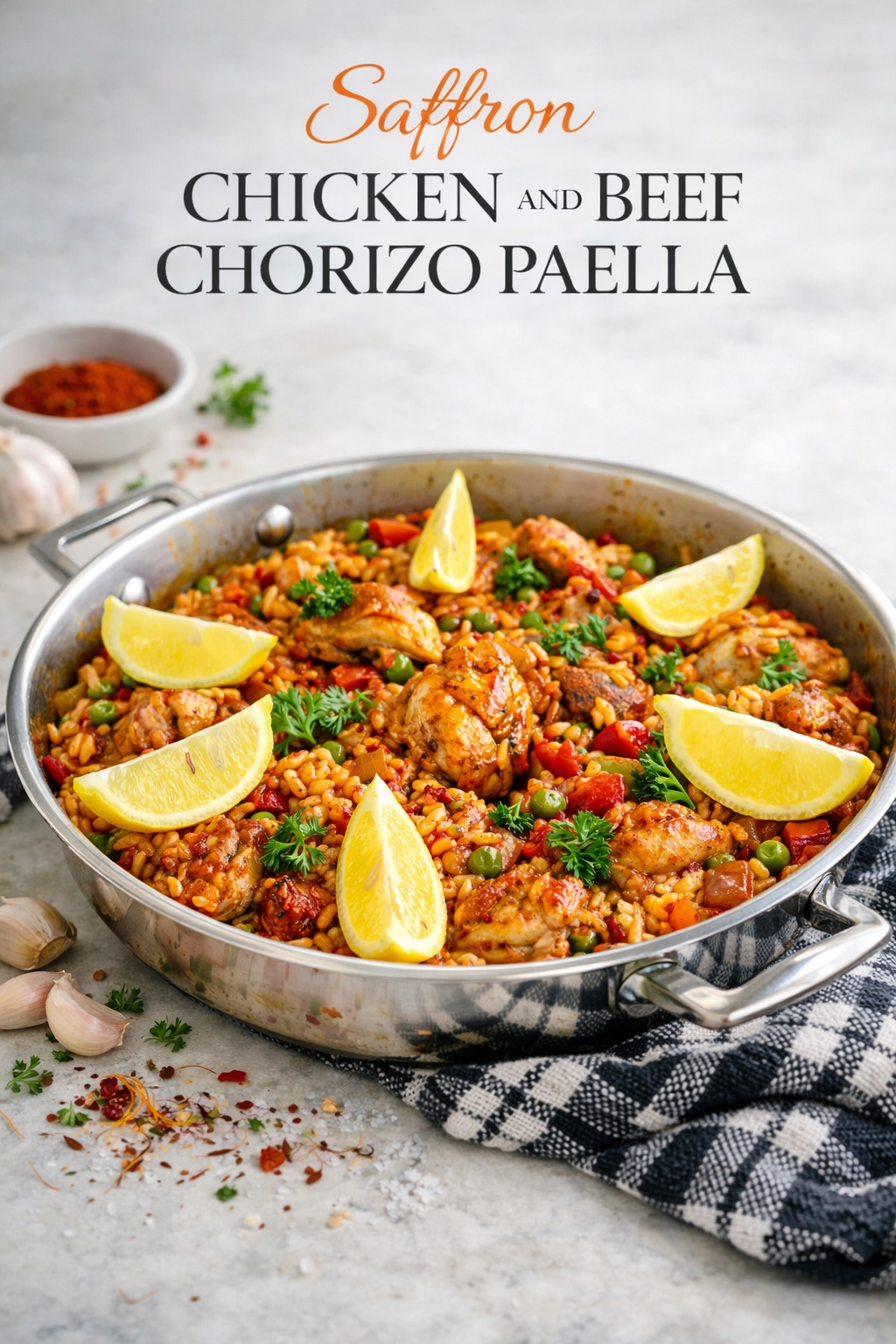 Chicken and chorizo paella with saffron rice in a black skillet, garnished with fresh parsley and lemon wedges