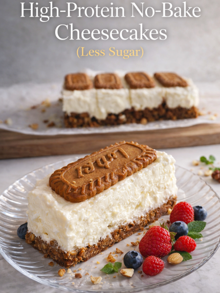 Sliced high protein no bake cheesecake bars on a wooden board with a creamy Greek yogurt filling and a crunchy Biscoff cookie crust, garnished with whole cookies and crumbs.