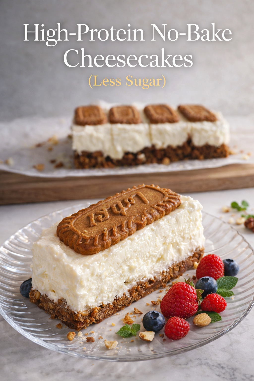 Sliced high protein no bake cheesecake bars on a wooden board with a creamy Greek yogurt filling and a crunchy Biscoff cookie crust, garnished with whole cookies and crumbs.