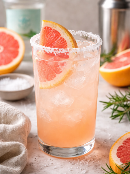 A high-angle view of a refreshing Salty Dog cocktail made with gin and fresh grapefruit juice in a glass with a salted rim, garnished with a grapefruit slice.