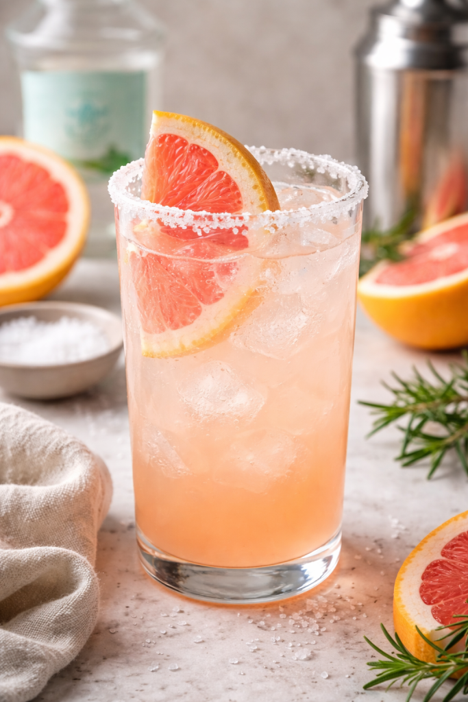 A high-angle view of a refreshing Salty Dog cocktail made with gin and fresh grapefruit juice in a glass with a salted rim, garnished with a grapefruit slice.