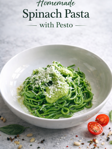 Overhead view of a bowl of homemade spinach pasta with pesto, topped with fresh Parmesan shavings and surrounded by basil.