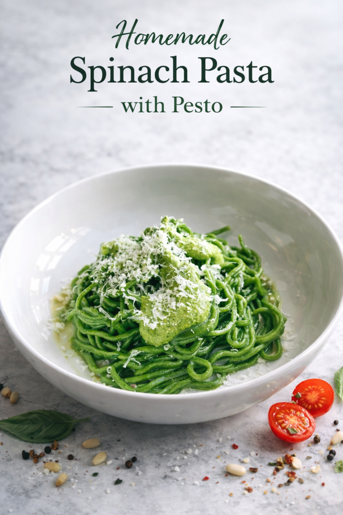 Overhead view of a bowl of homemade spinach pasta with pesto, topped with fresh Parmesan shavings and surrounded by basil.