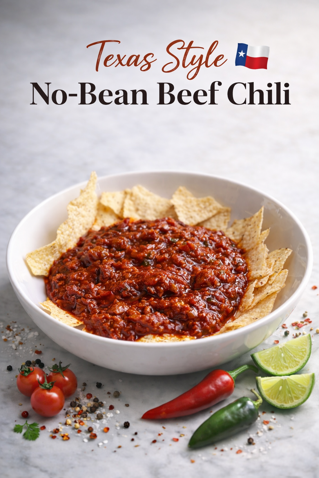 Texas-style no-bean beef chili in a rustic ceramic bowl, topped with shredded cheddar cheese, fresh jalapeño slices, and a dollop of sour cream, with a wooden spoon resting on the side