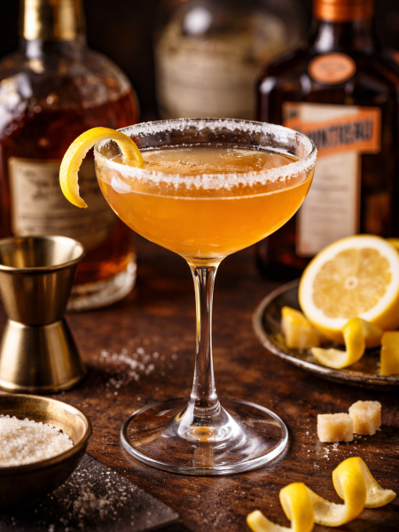 Classic Sidecar cocktail in a chilled coupe glass with a sugar rim, garnished with a lemon twist, set against a dark wooden background