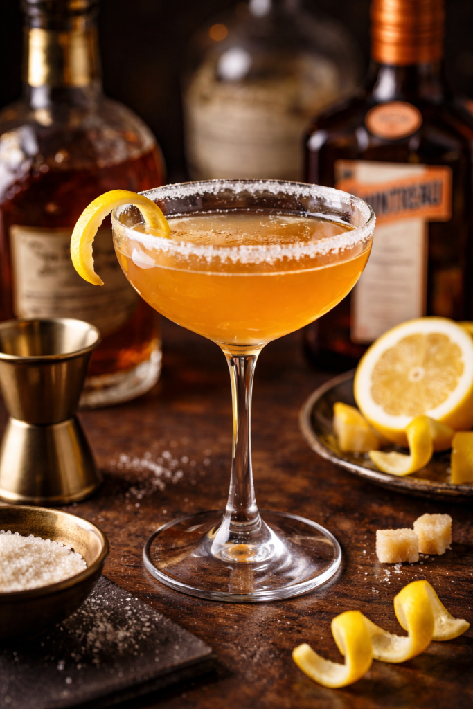 Classic Sidecar cocktail in a chilled coupe glass with a sugar rim, garnished with a lemon twist, set against a dark wooden background
