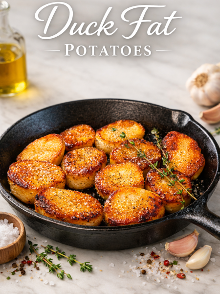 Crispy duck fat potatoes with fresh thyme in a cast iron skillet, golden brown and sprinkled with flaky sea salt